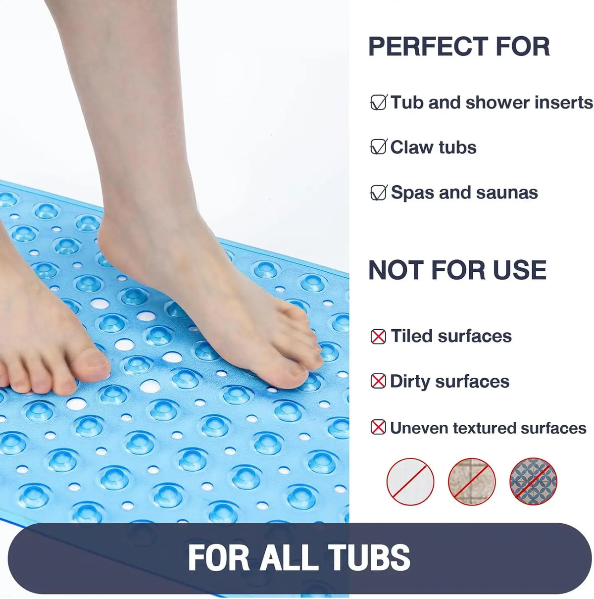 Shower Floor Mat 40x16 Inch,Non Slip Bath Mat With Firm Suction Cups,Extra Large Machine Washable Bathtub Rug,Drain Holes Keep Tub Clean,Waterproof Mold Resistant Rubber PVC Mat,Blue Black Transparent Light Gray,Home Essentia
