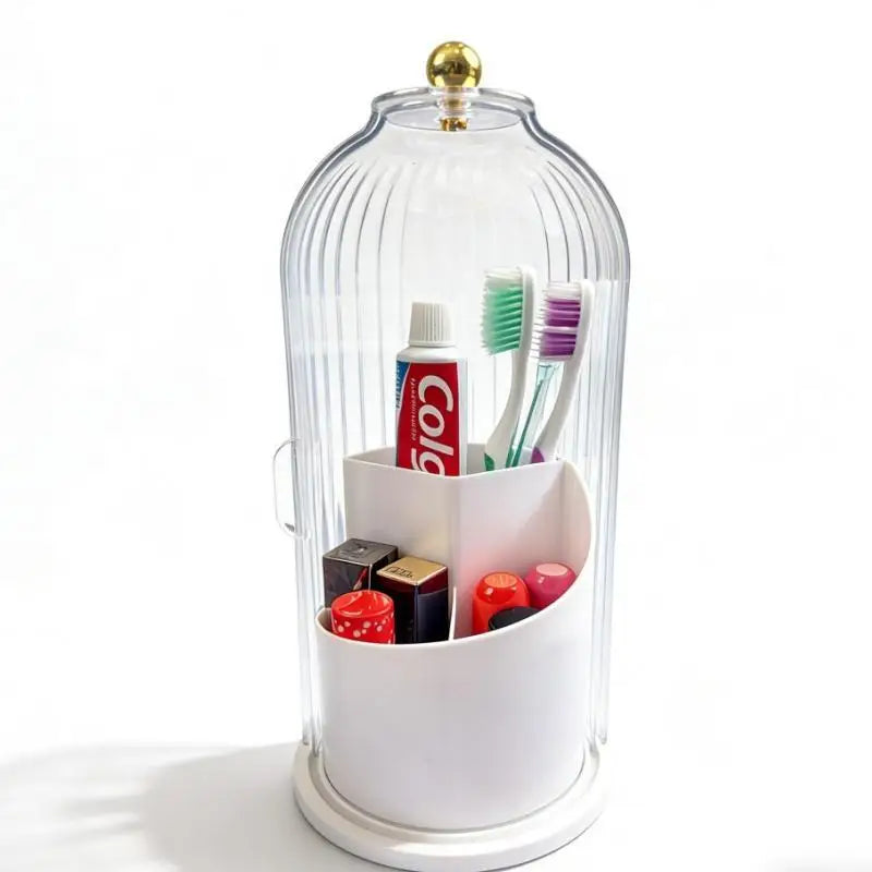 Rotating Dustproof Toothbrush Holder Organizer, 360° Swivel Multi-Functional Caddy for Makeup Brushes & Toothpaste