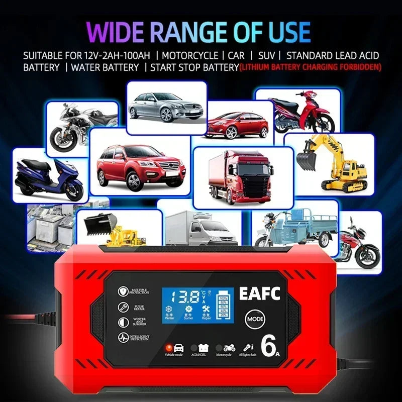 12V 6A Smart Car Battery Charger with LCD, Automatic Pulse Repair Charger for Car and Motorcycle