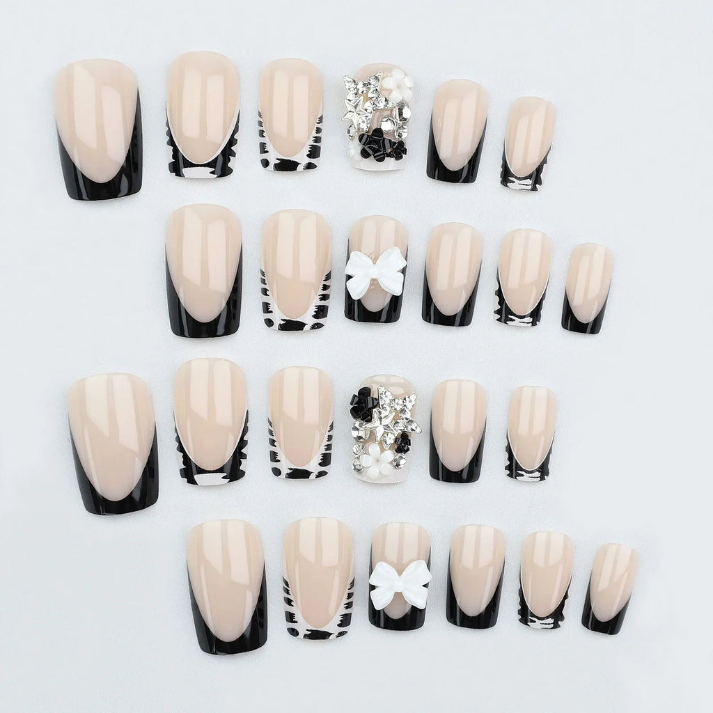 Y2K 24Pcs Set French Style Black & White Tie Dye Polka Dot Press-On Nails, Reusable, With Bowknot, Star Rhinestones, Cute & Chic, Suitable For Dates