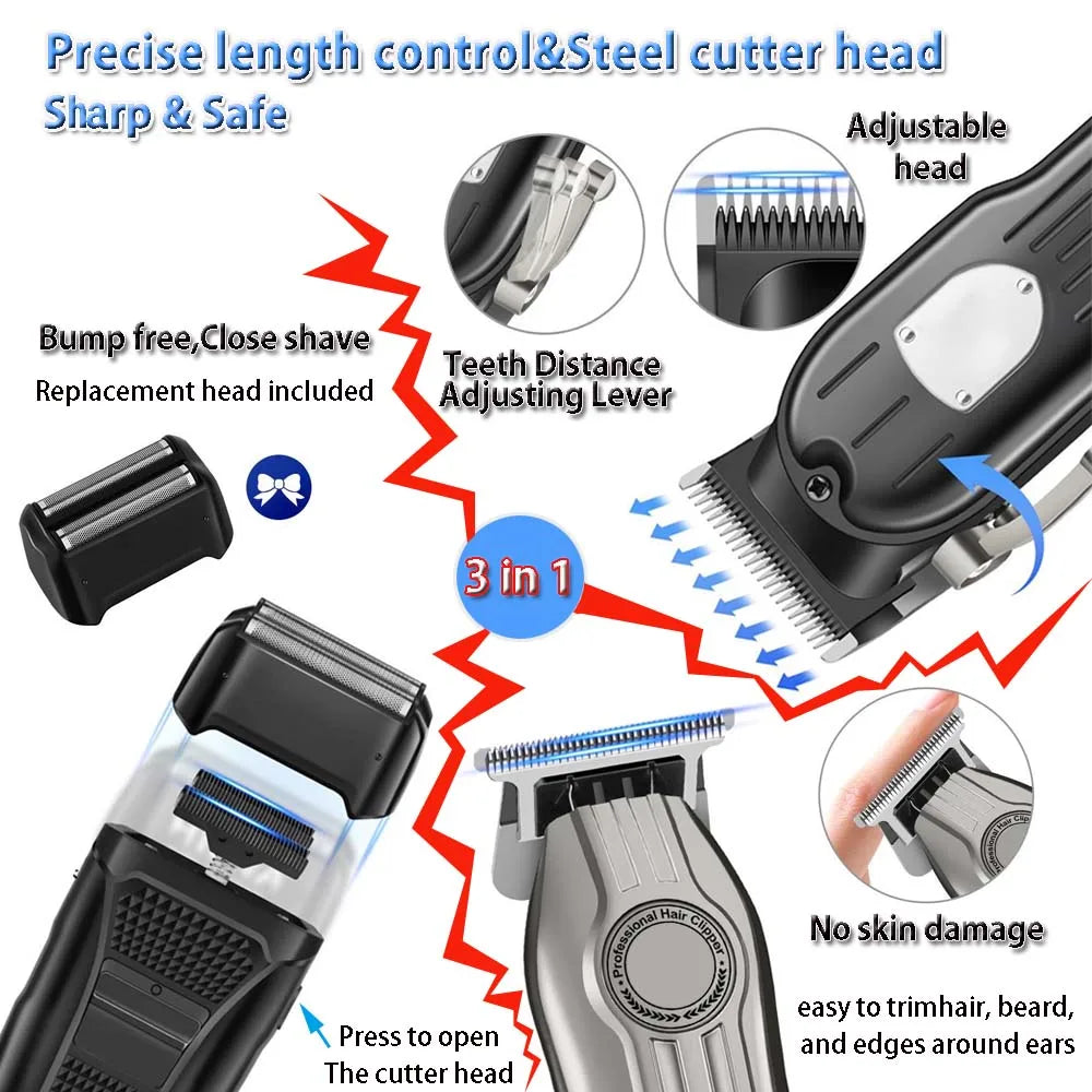 Professional Hair Clipper Set for Men, Cordless Haircut Kit with LED Display, 3-in-1/2-in-1/1pc Rechargeable Hair Clipper & T-Blade Trimmer & Electric Shaver, Barber Zero-Gapped Detailer, DIY Grooming Tools with Scissors, Com
