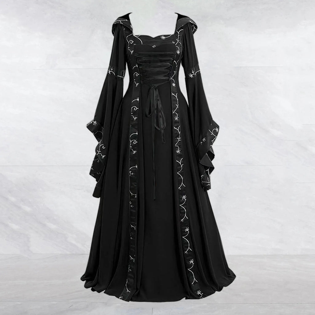 Vintage Medieval Dress Gothic Cosplay Women'S Dress Halloween Costume Victorian Court Bandage Flare Sleeve Floor Length Dress