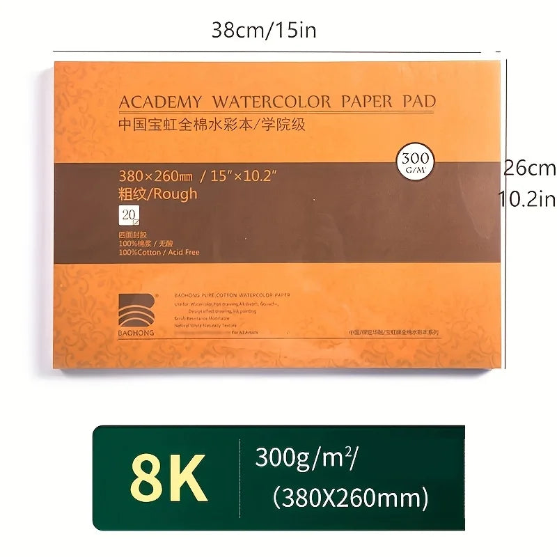 Professional Watercolor Paper Book 300gsm, 100% Cotton 20 Sheets for Artists