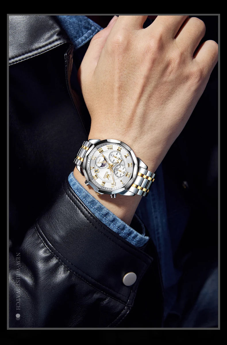 OLEVS Men's Chronograph Watch with Moon Phase, Waterproof Multifunction Quartz Wristwatch