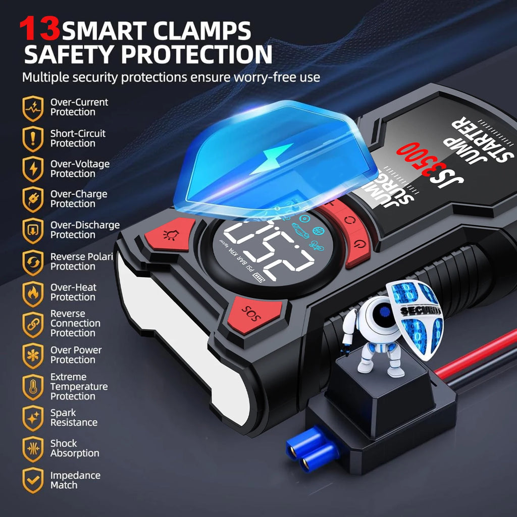 PAIVIROKU 5-in-1 Multifunctional Air Pump Jump Starter with Air Compressor 3000A Peak/150PSI Battery Jump Starter Digital Tire Inflator