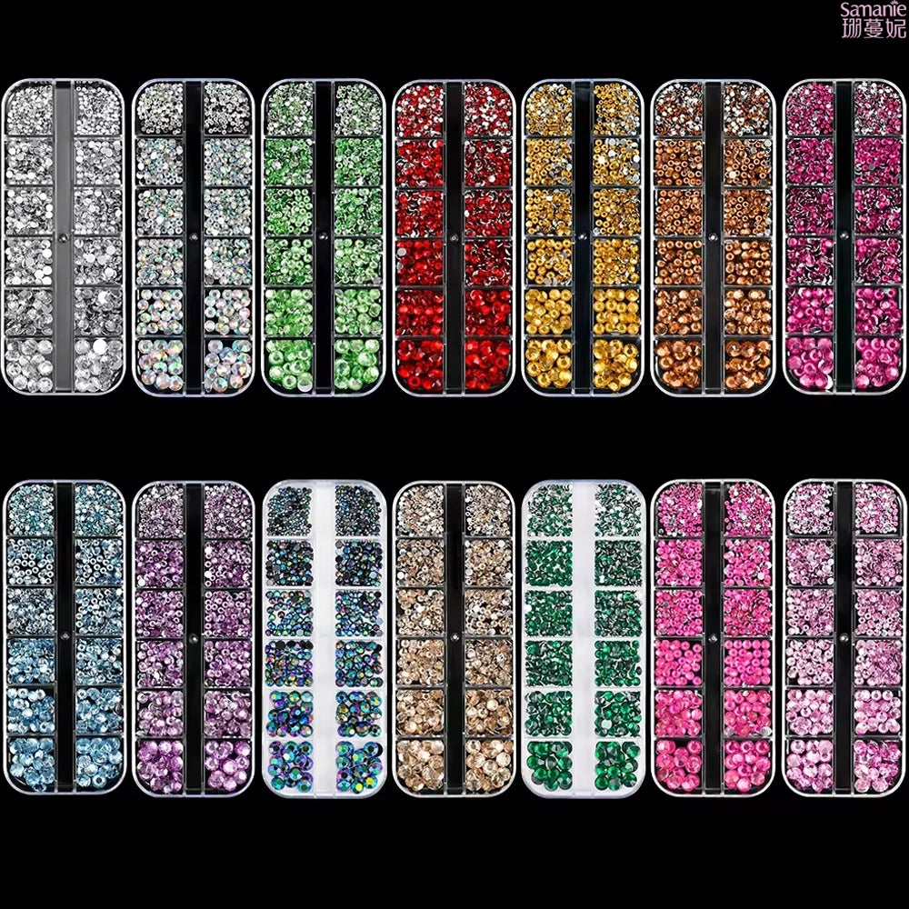 12Gird 3D Glass AB Crystal Nail Art Rhinestones Kit Flatback Round Bead Charm Gem Stones Jewelry Diamond with Tools for Nail Art