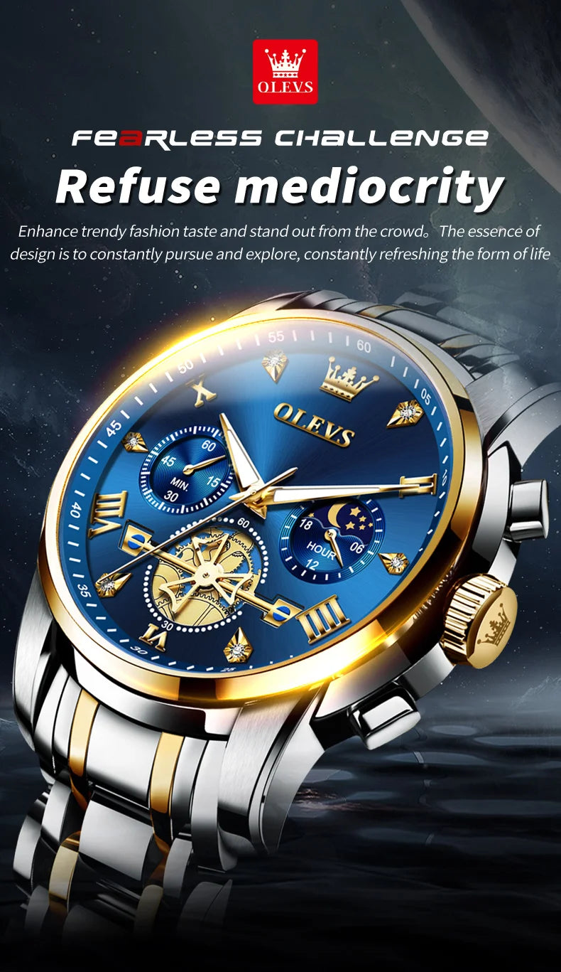 OLEVS Men's Skeleton Chronograph Watch with Moon Phase, Stainless Steel Quartz Wristwatch