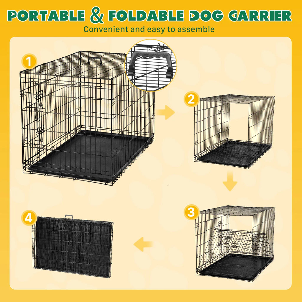 JHK 48 Inch Double Door Folding Metal Wire Dog Cage with Plastic Leak-Proof Pan Tray Extra Large Pet Kennel for Outdoor Travel