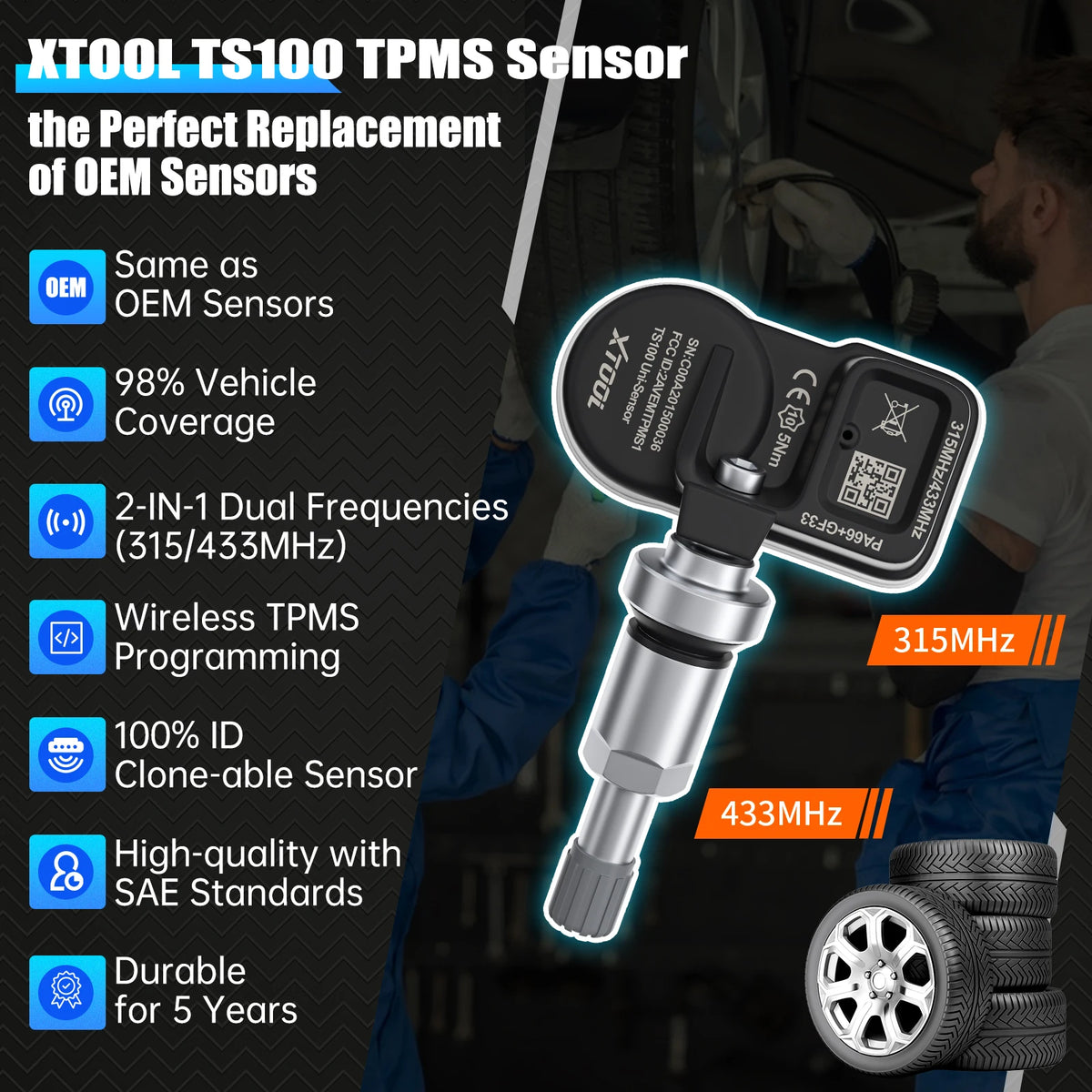 Newest XTOOL TS100PRO Sensor 2 IN 1 315MHz 433MHz 4 PCS Metal TPMS TS100 Sensor Automotive Tire Repair Tools Programming TS100