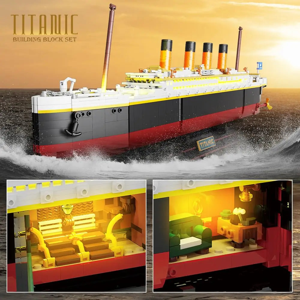 2-in-1 Ocean Liner Building Block Set with LED Lights and Iceberg Display Stand, Model Ship Kit