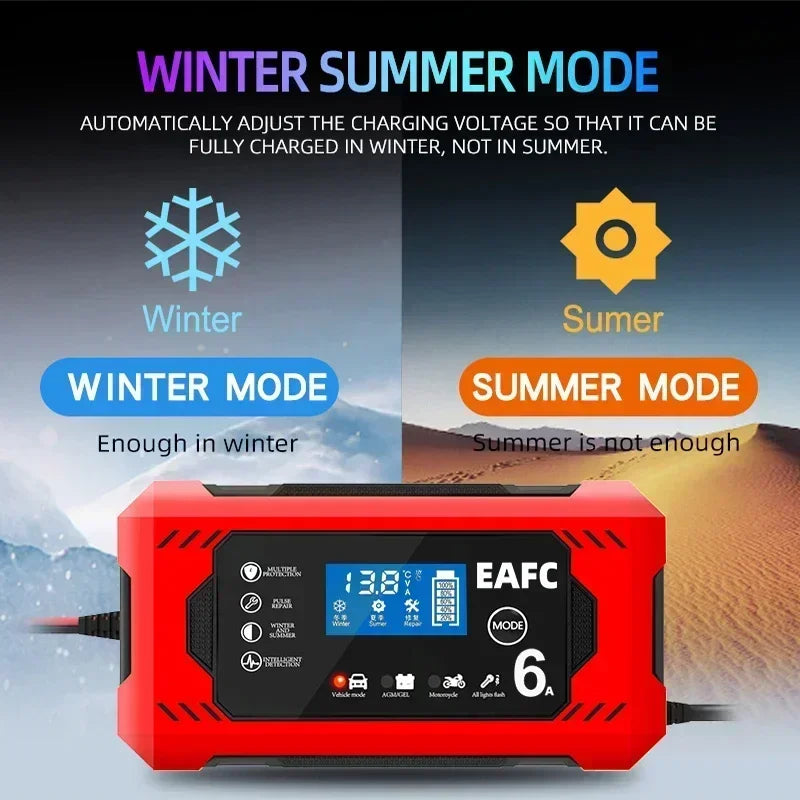 12V 6A Smart Car Battery Charger with LCD, Automatic Pulse Repair Charger for Car and Motorcycle