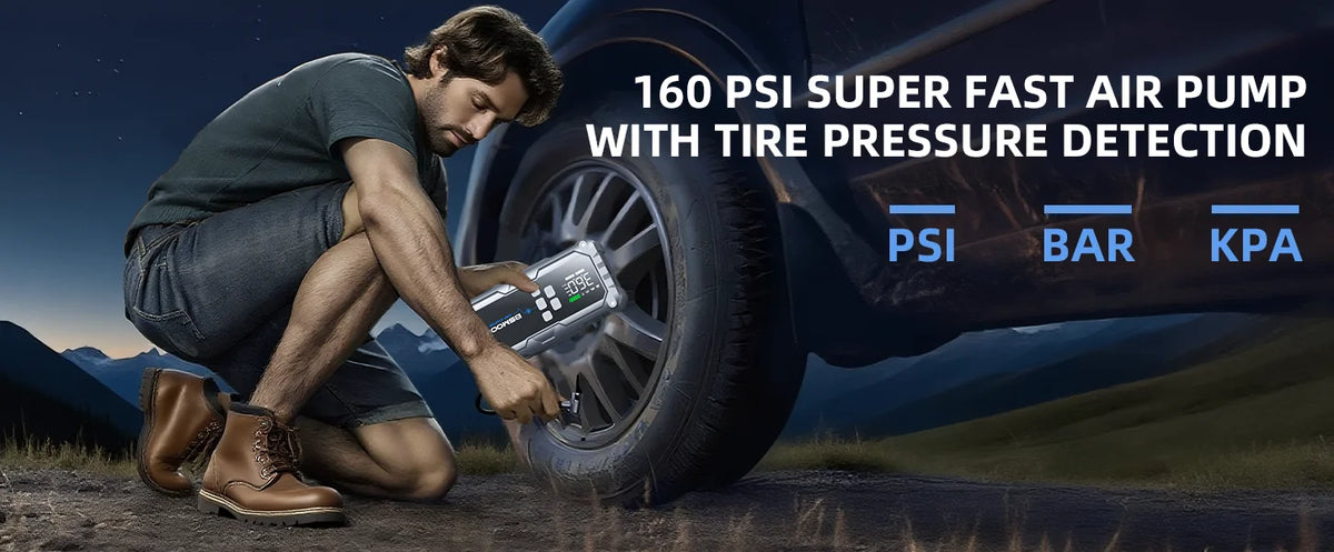 Portable Car Jump Starter with 150PSI Air Compressor, Power Bank and Emergency Battery Booster