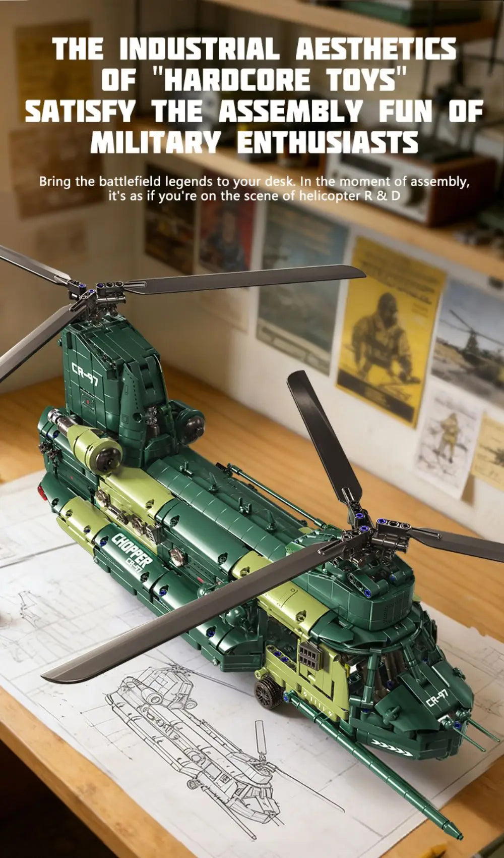 KAVOWORLD 1826PCS Chinook Tandem Rotor Military Transport Helicopter Building Blocks Model Aircraft Bricks Toys Kit Ideal Gift for Military Fans Movable Rotors Gear Linkage Opening Cargo Door Home Desk Display Christmas Birth