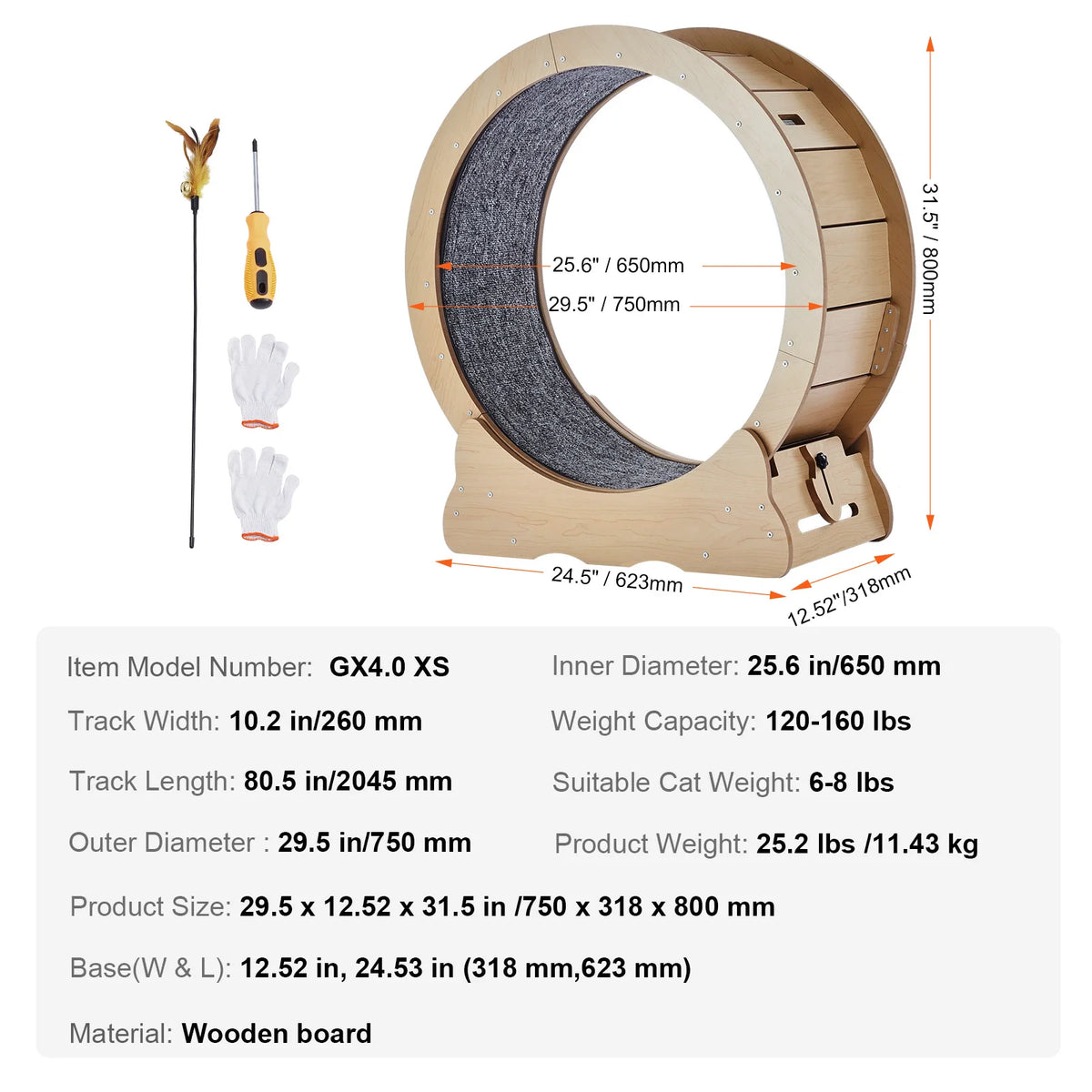 SucceBuy Wooden Cat Exercise Wheel, Large Cat Treadmill with Detachable Carpet and Cat Teaser