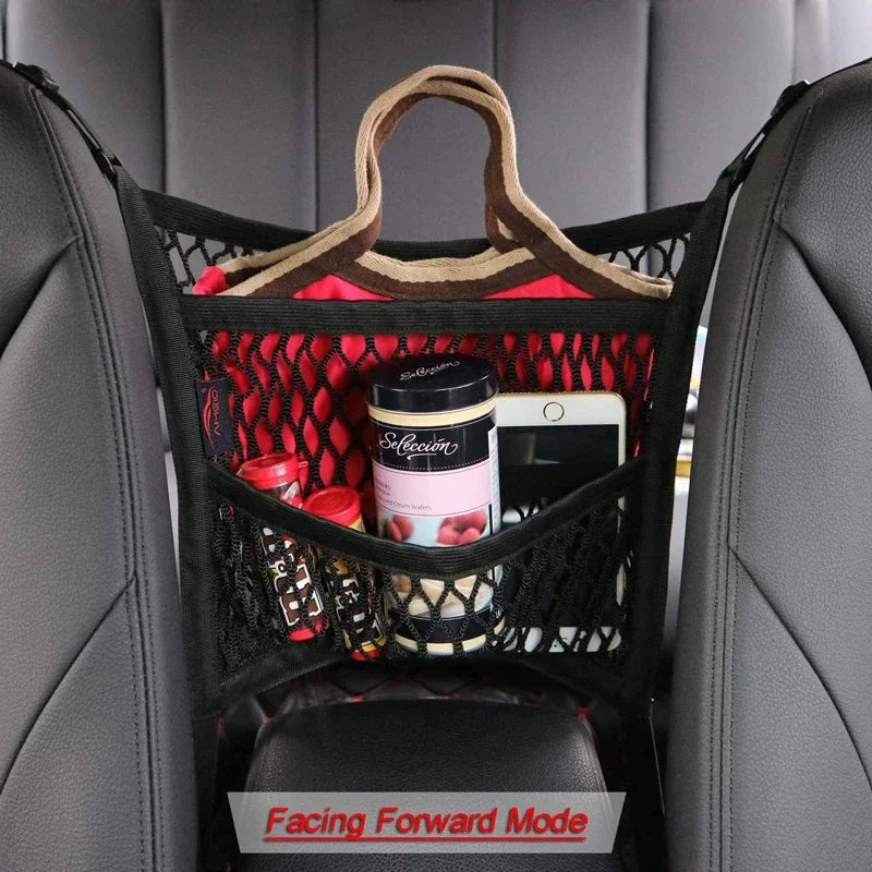 Car Seat Storage Net Bag and Pet Barrier, Stretchable Mesh Organizer Between Seats