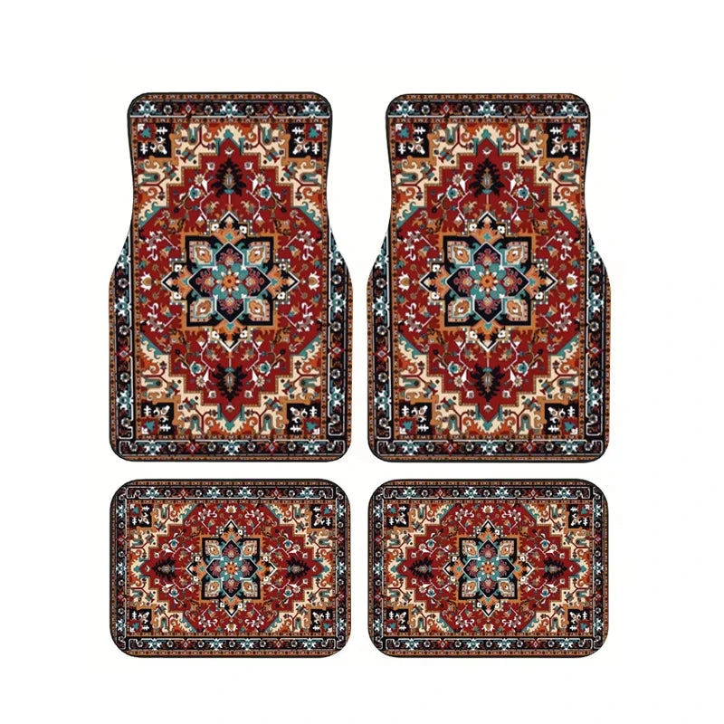 Red Bohemian Paisley Car Floor Mats, 4-Piece Universal Anti-Slip Auto Carpet Set