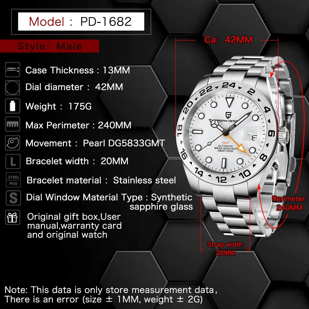 PAGANI DESIGN 42mm Automatic GMT Men's Watch