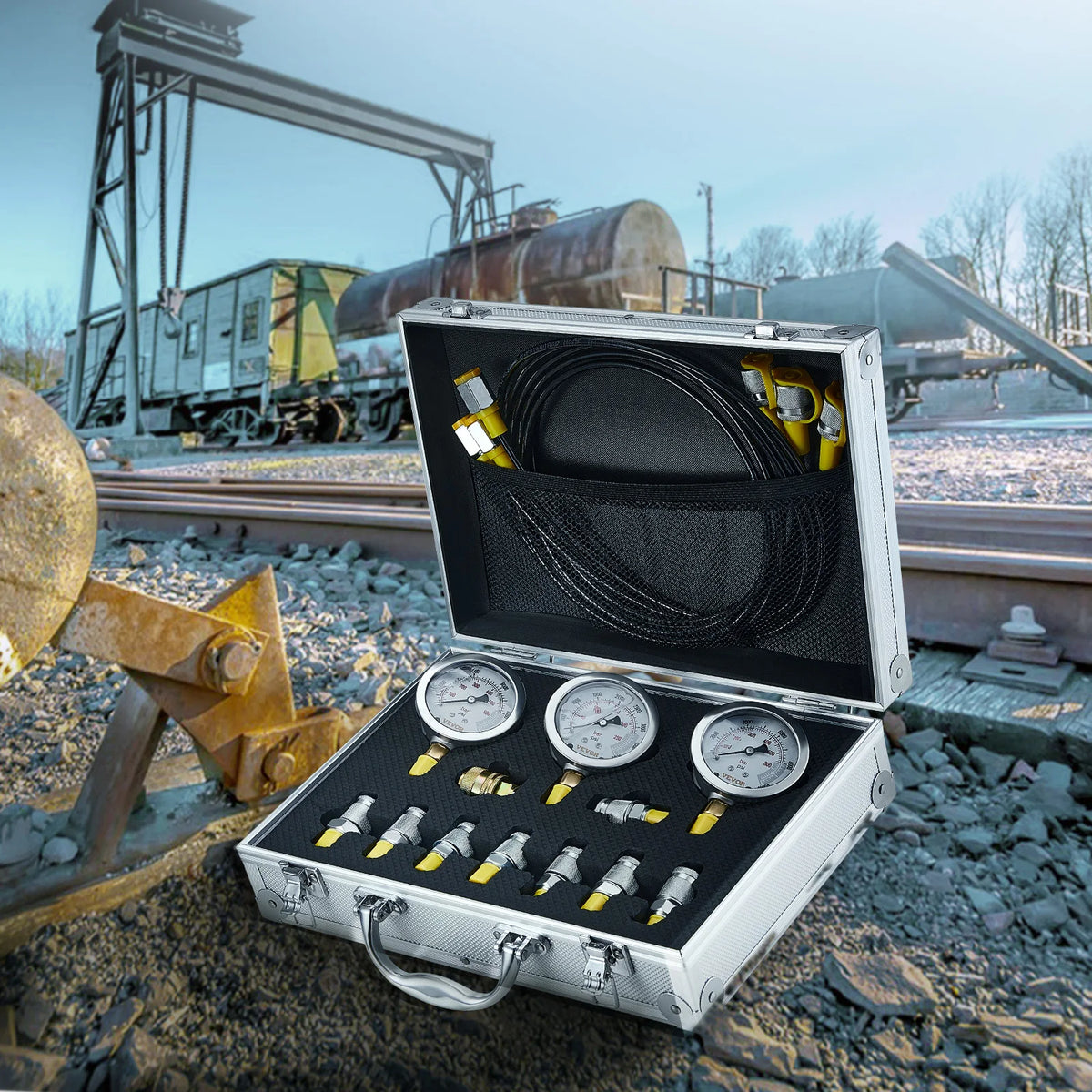 Hydraulic Pressure Test Kit with Gauges and Carrying Case for Excavators and Tractors