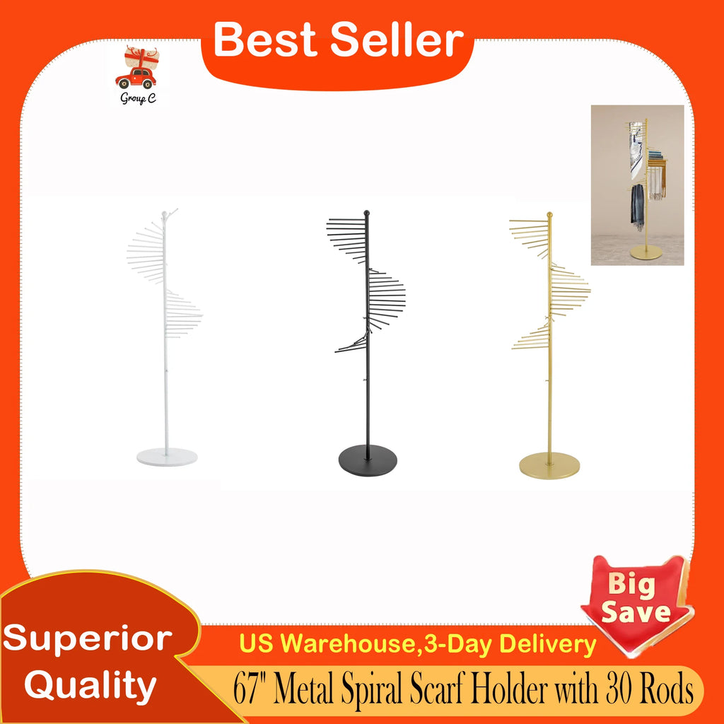 Freestanding Spiral Scarf Display Rack Black Baking Paint Iron Floor Shawl Organizer 5.58FT Tall 16.54IN Base Anti-Rust Anti-Slip Round Edge Easy Assemble For Clothing Store Mall Closet Hat Belt Jewelry Display