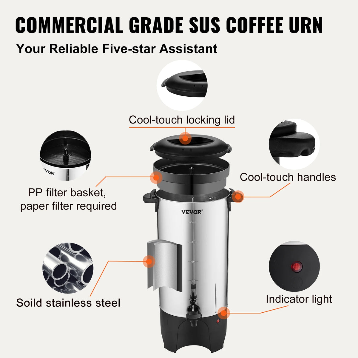 SucceBuy 50 Cups Commercial Coffee Urn Stainless Steel Large Coffee Dispenser 1000W Electric Coffee Maker Urn For Quick Brewing