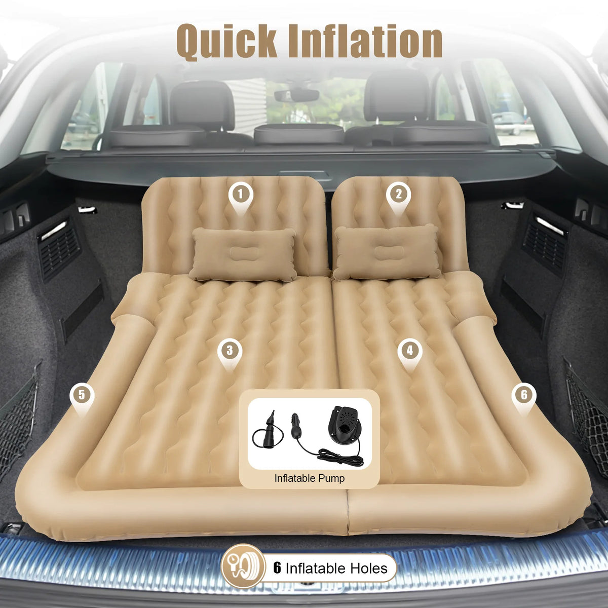 Inflatable Car Back Seat Air Mattress, Foldable Flocked Travel Bed with Pump