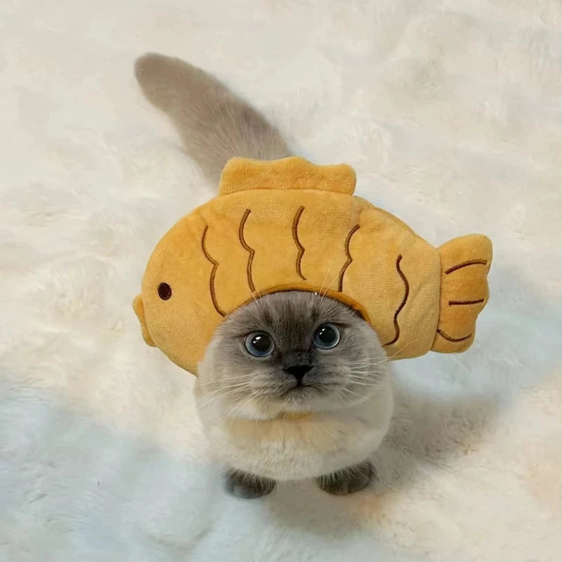 Cartoon Cat Hat Cute Fish Shape Pet Cat Costume Breathable Headdress Hat For Cat Pet Cat Headgear Pet Plush Fun Hat Toy For Cat