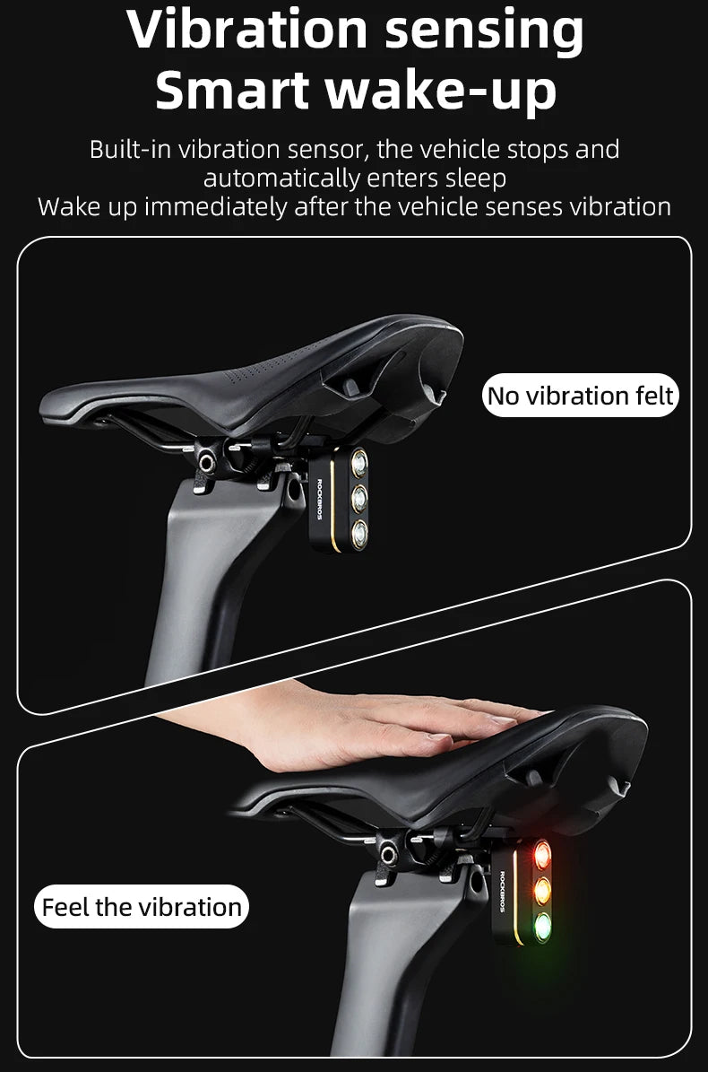 ROCKBROS Bicycle Smart Brake Tail Light MTB Road Bike Auto Brake Sensing Light IP64 Waterproof Type-C Charging Warning Taillight
