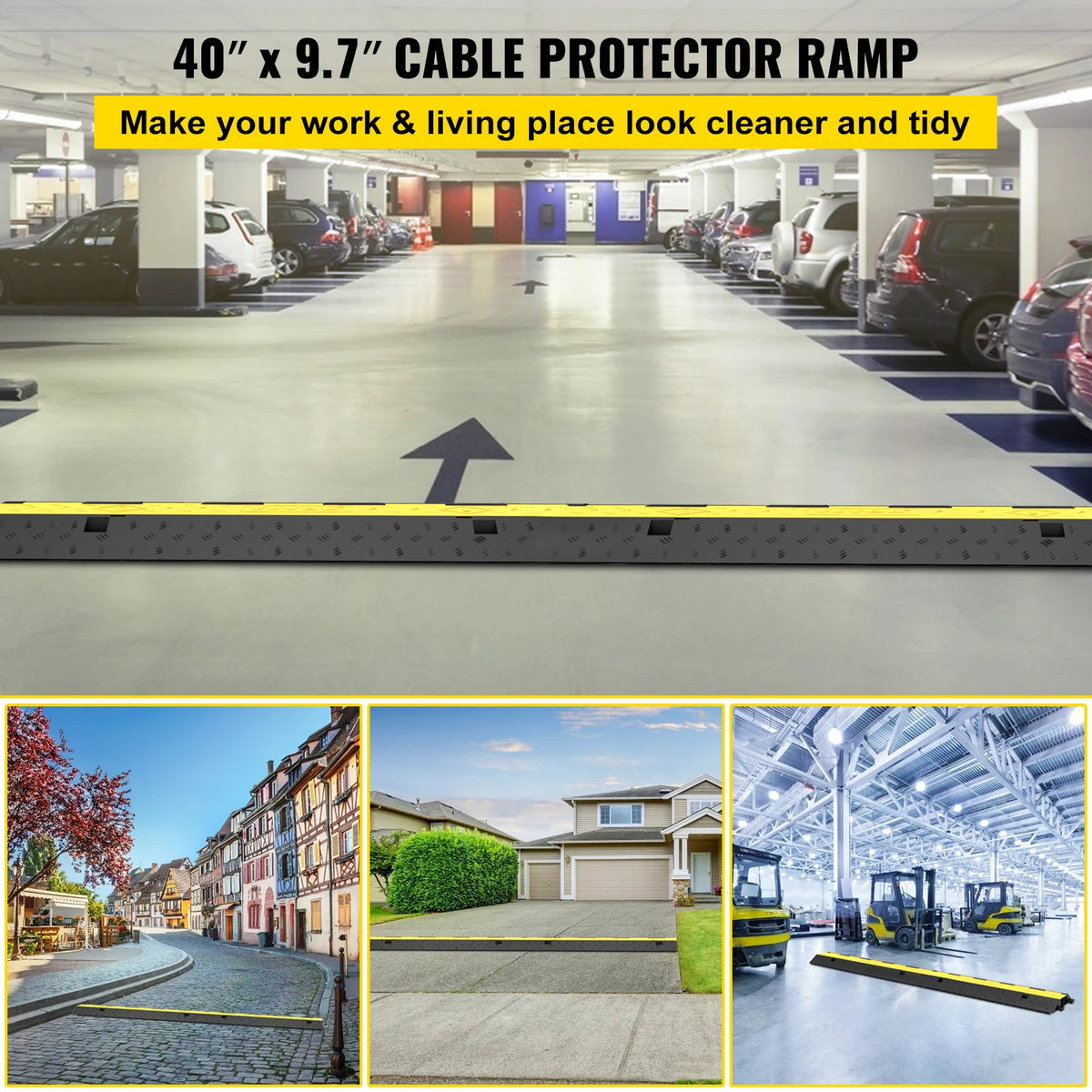 Heavy-Duty 2-Channel Cable Protector Ramp, 11000lb Rubber Cord Cover and Speed Bump