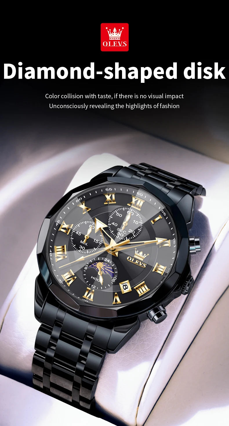OLEVS Men's Chronograph Watch with Moon Phase, Waterproof Multifunction Quartz Wristwatch