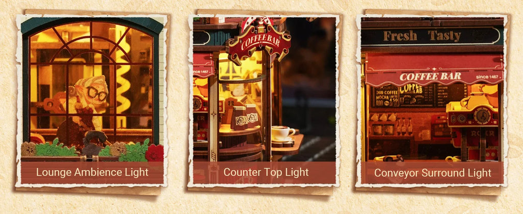 ROKR Wooden 3D Puzzle Dream Coffee Factory Music Box Model Building Kit 593-piece DIY Miniature House Kit with LED Light Unique Home Decor Gift for Adults Women