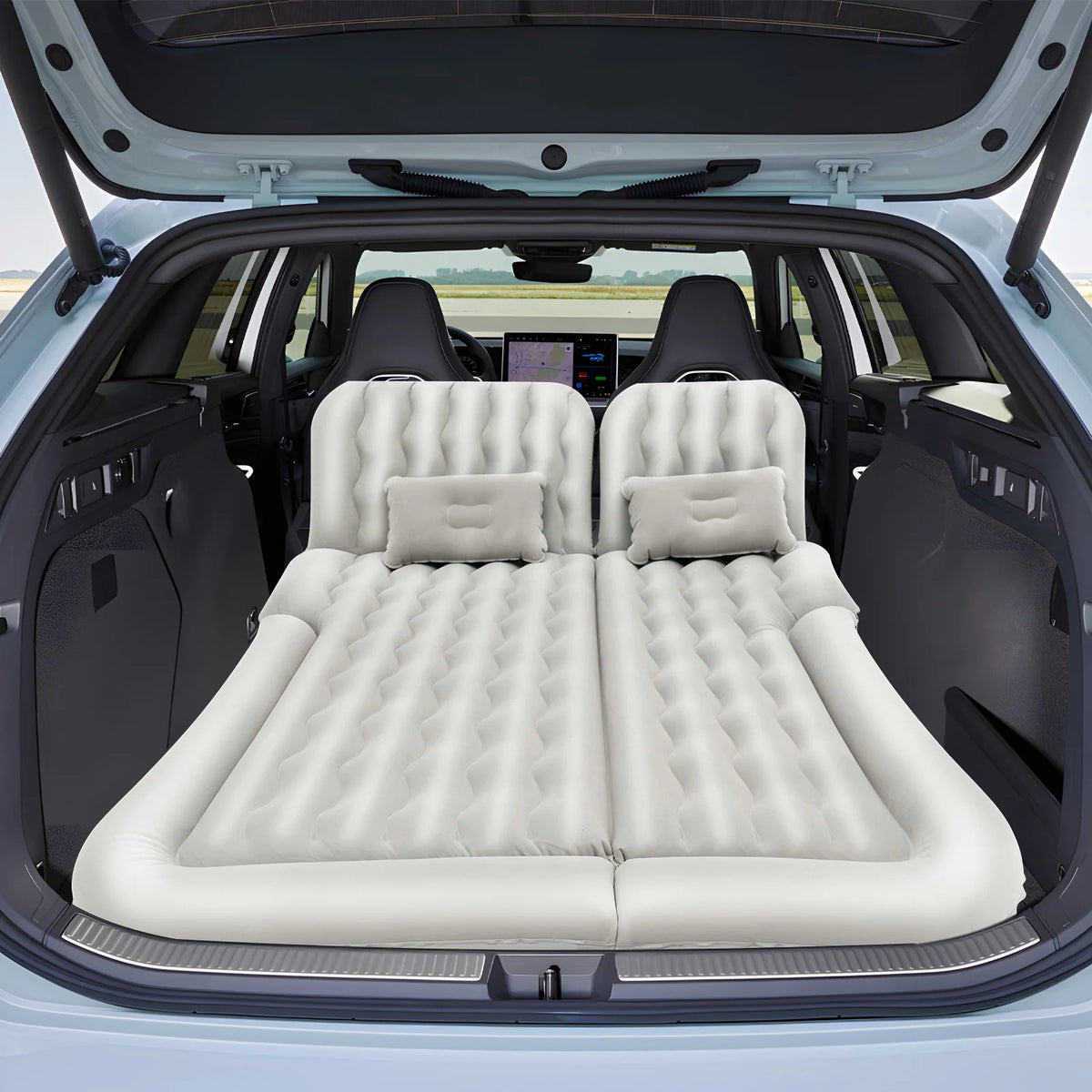 Inflatable Car Back Seat Air Mattress, Foldable Flocked Travel Bed with Pump