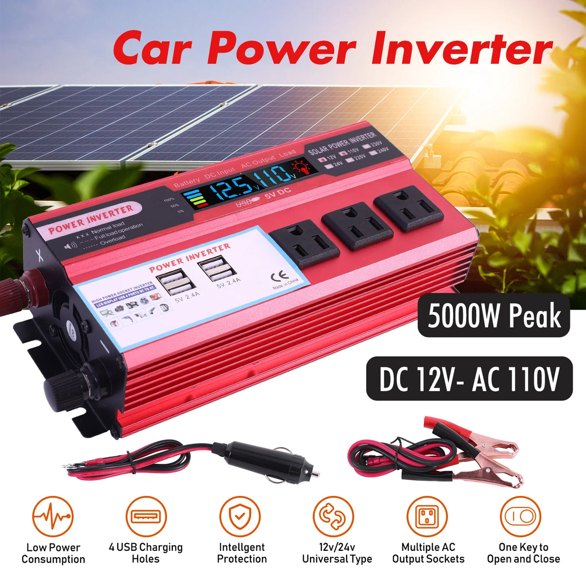 5000W Car Converter Power Inverter DC 12V To AC 110V Converter LCD 4 USB Ports and 110V AC Outlet Cigarette Lighter Battery