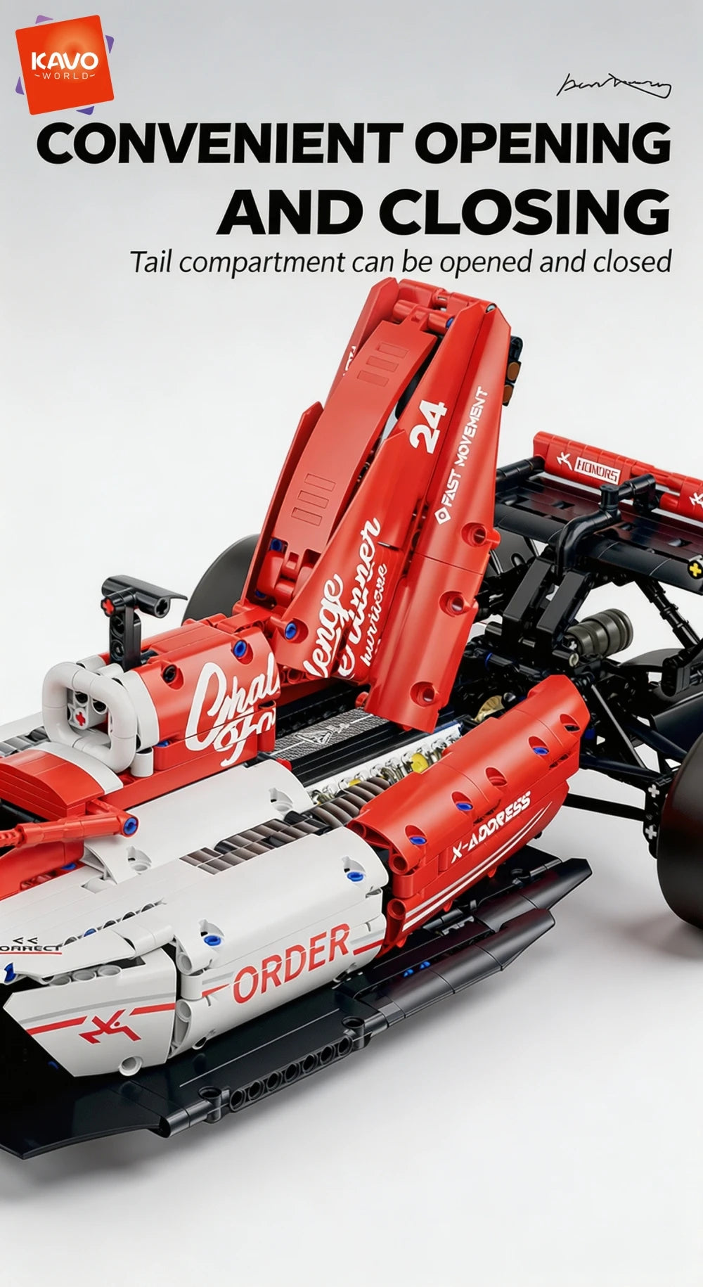 KAVOWORLD 1768pcs 27 Inches Large MOC Sports Race Car Building Blocks Set DIY Formula Red & White City Racing Car Bricks Model Kit 1:8 Construction Collection Ornament Building Toys with Realistic Suspension Steering Cockpit