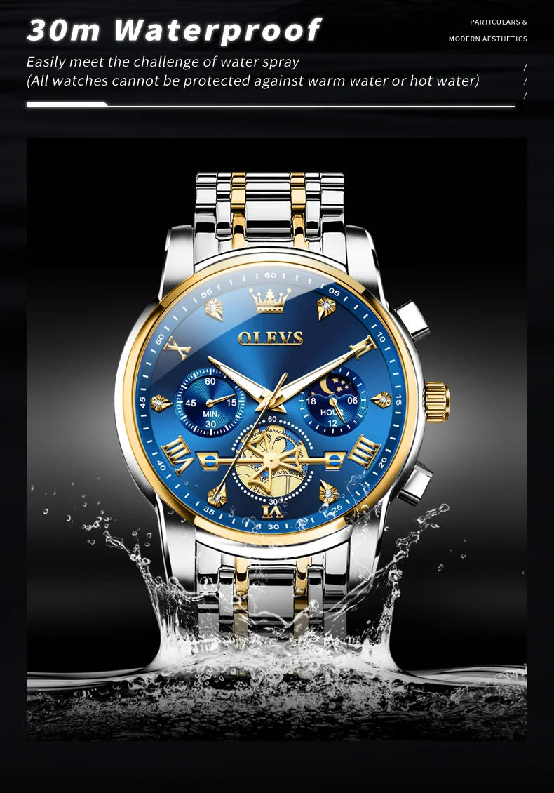 OLEVS Men's Skeleton Chronograph Watch with Moon Phase, Stainless Steel Quartz Wristwatch