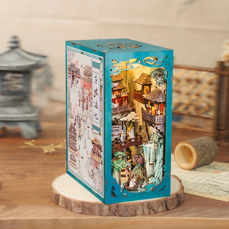 CUTEBEE Antiquity Book Nook Chinese Style Doll House Kit with Touch Light Dust Cover Bookshelf Insert Toy Su Dongpo's Life