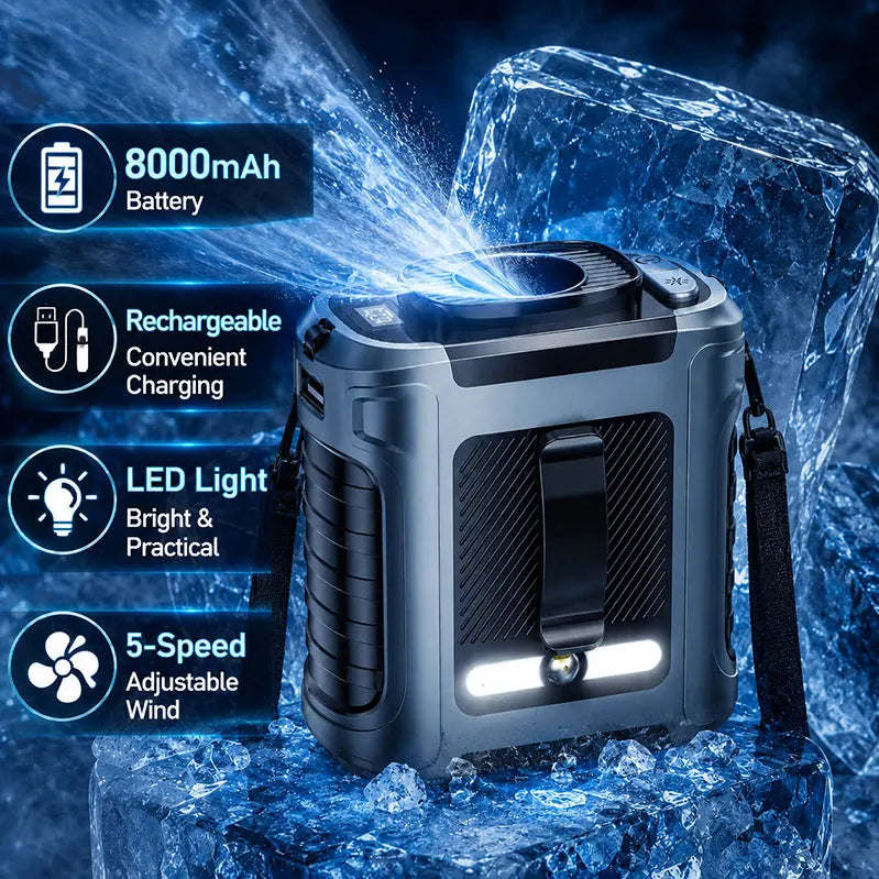 Portable Waist Fan with 8000mAh Rechargeable Battery LED Light Brushless Motor 5 Speed Levels Lasts 5-8 Hours for Outdoor Use