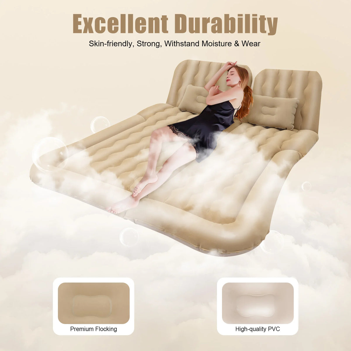 Inflatable Car Back Seat Air Mattress, Foldable Flocked Travel Bed with Pump