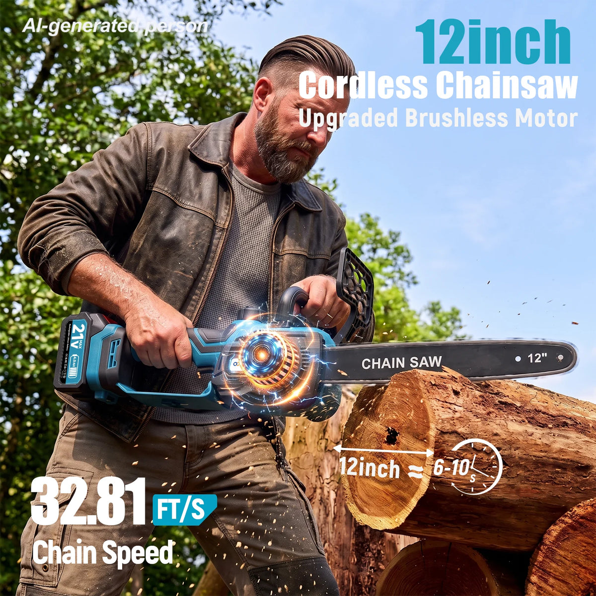 12 in Electric Chainsaw Cordless, 21v,2x4000mah Battery Handheld Chainsaw for Tree Trimming Electric Tree Trimmer Saw
