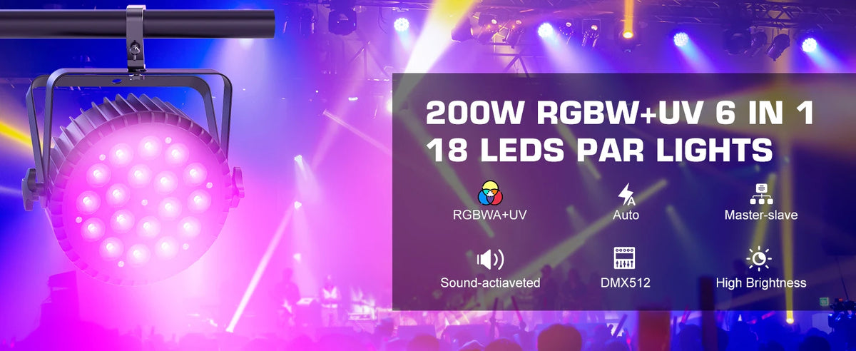 U'King 1/2/4Pcs 200W Par Lights RGBWA+UV 18 LEDs Stage Lights DMX512 Par Can DJ Lights For Wedding Party Disco KTV Bar Nightclub