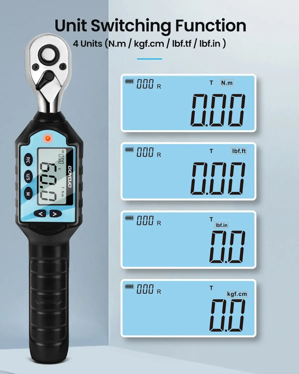GOYOJO Digital Torque Wrench 1/4 3/8 1/2" Drive, Electric Torque Wrench ±2% Accuracy,Buzzer and LED Alert,Electric Display,Peak & Track, ft-lb, in-lb and N.m ,Automotive,Car, Moto,Spark Plug,Engine,Bike