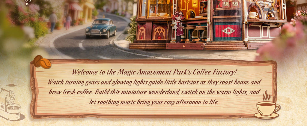 ROKR Wooden 3D Puzzle Dream Coffee Factory Music Box Model Building Kit 593-piece DIY Miniature House Kit with LED Light Unique Home Decor Gift for Adults Women