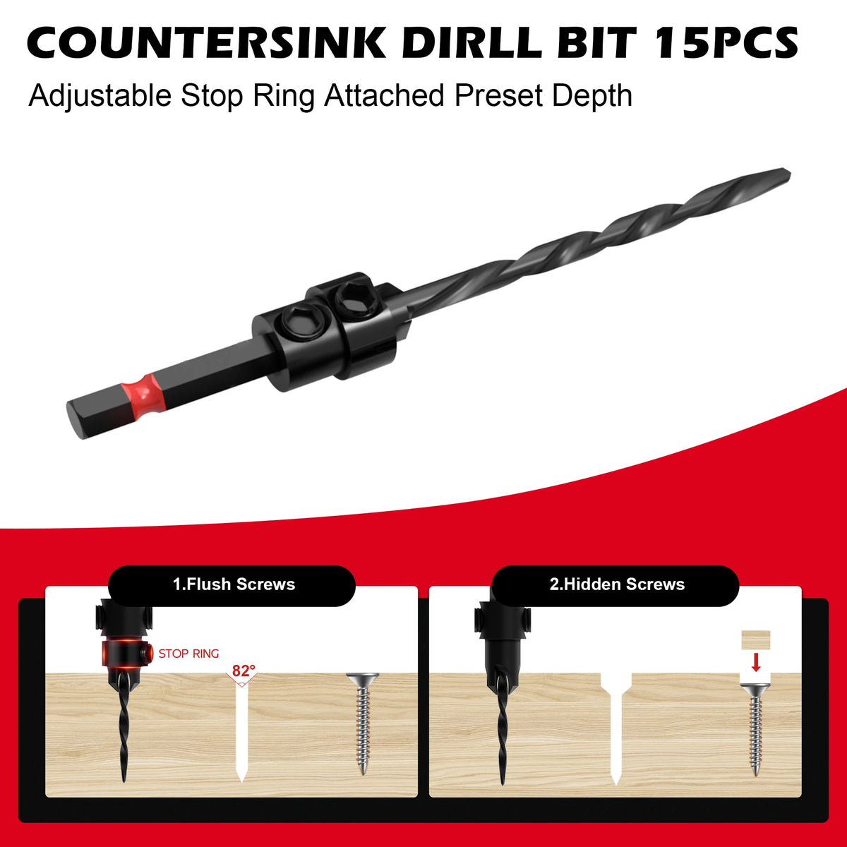 15PCS Countersink Drill Bit Set, Tapered Drill Bits with Wood Plug Cutter, 1/4" Hex Shank Quick Change Chamfer Tool for Woodworking, with Storage Box