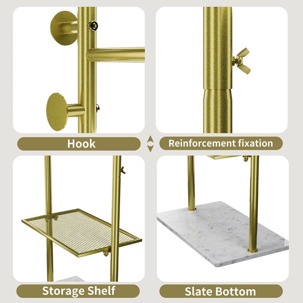 Metal Gold Coat Rack Entryway Corner Stand Hat Coat Hanger with Marble Base Heavy Duty
