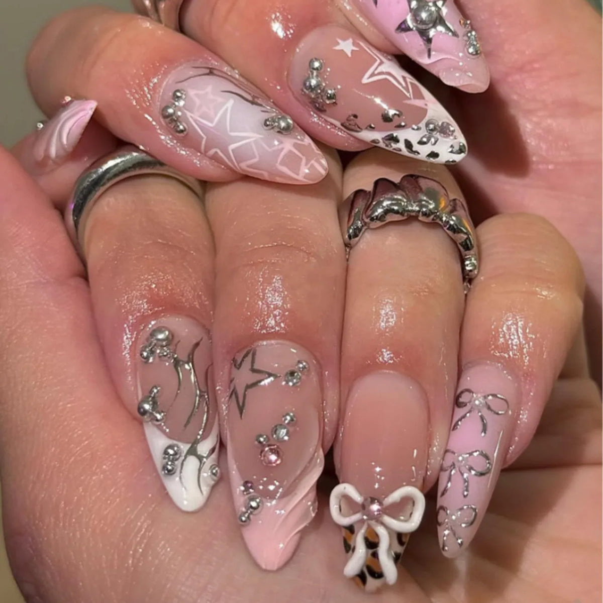 Black Bat Press On Nails, 24 Pieces Almond False Nails with Rivet and Bow Details, Reusable Halloween Nail Tips