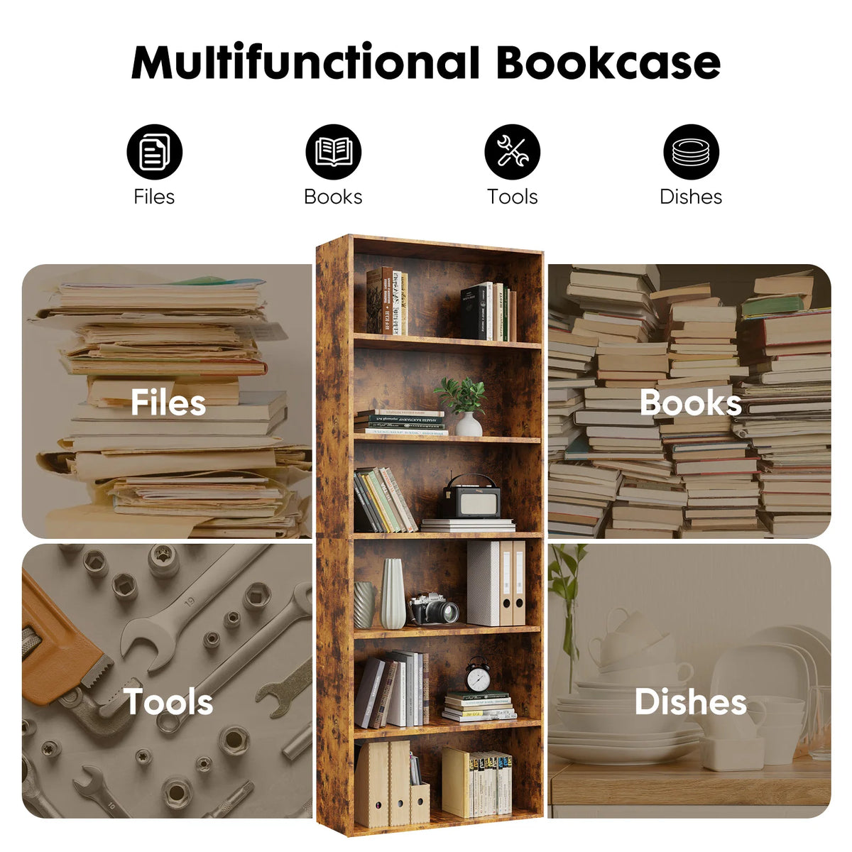 6-Tier Wooden Bookcase, 63-Inch Tall Open Bookshelf