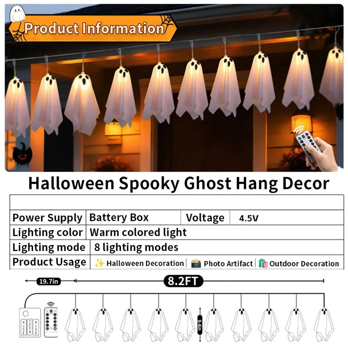 Halloween Ghost String Lights, 8 Modes Waterproof LED Garland