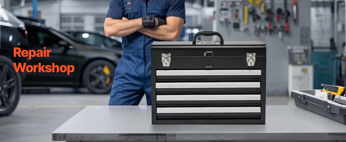 SucceBuy 20.5in Metal Tool Box Portable 4-Drawers Tool Chest with Drawers Locking Multi-Function Tool Organizer for Workshop