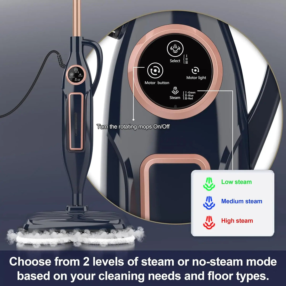 VM6 Steam Mop Cleaner with Rotating Mop Pads 1300W Powerful Floor Steamer 10 in 1 Lightweight Spin Mop High Temperature with Steam Blaster Technology