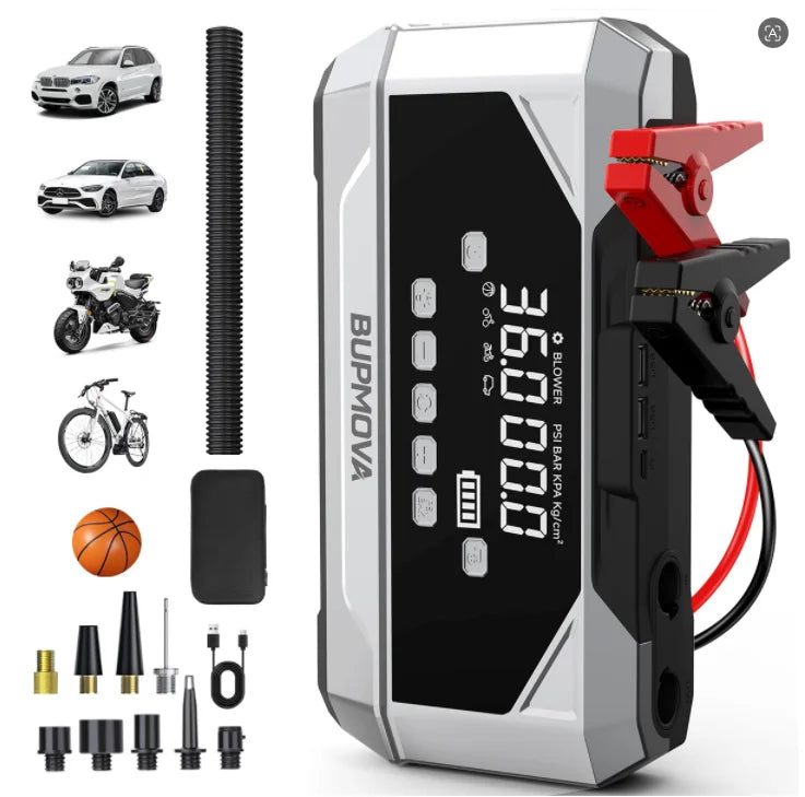 Portable Car Jump Starter with 150PSI Air Compressor, Power Bank and Emergency Battery Booster