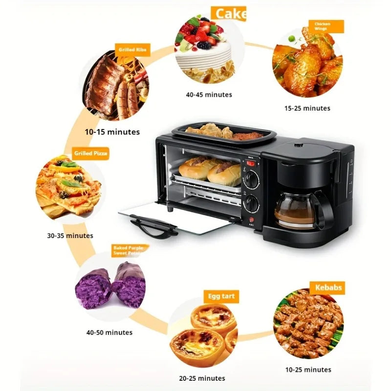 3-in-1 Breakfast Machine with Automatic Shutoff Non-Stick Coating for Easy Cleaning Sear Eggs Toast Bread Make Coffee Timer Function